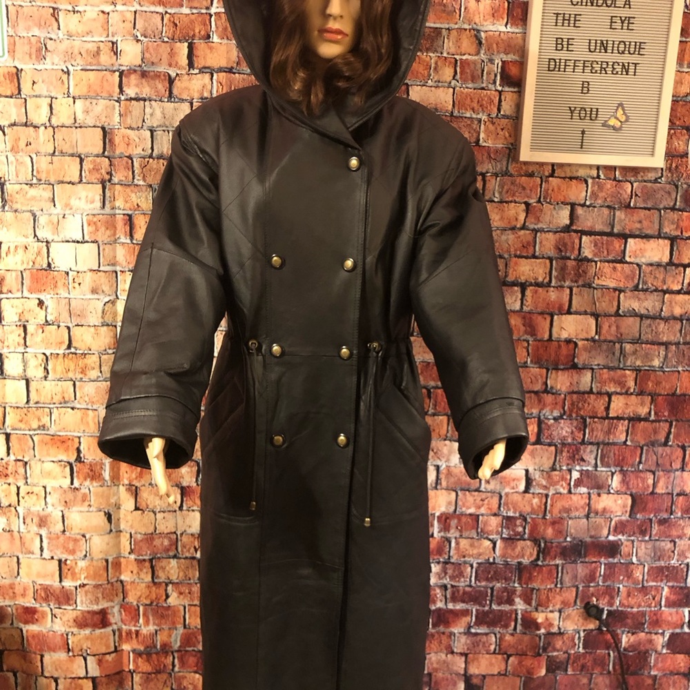 FASHION ELEMENTS FULL LENGTH LEATHER COAT ADJUSTABLE @ WAIST 2 POCKETS SZ S